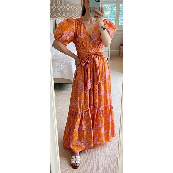 XIRENA Larkyn Orange Pink Print Midi Maxi Puff Sleeve Ruffle Dress Tuckernuck - Picture 9 of 16
